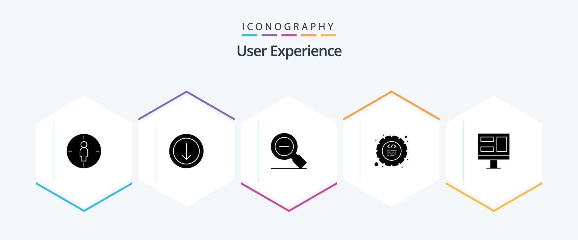 experiência do usuário pacote de ícones de 25 glifos, incluindo equipamento. codificação. download. ampliação. lupa vetor