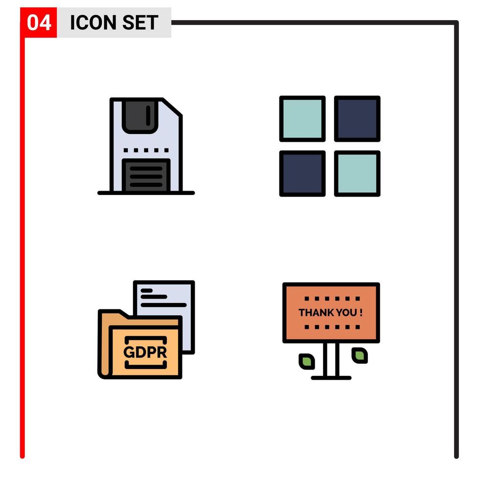 4 cores planas de linhas preenchidas de vetores temáticos e símbolos editáveis de pasta de layout de interface de documento de disco elementos de design de vetores editáveis