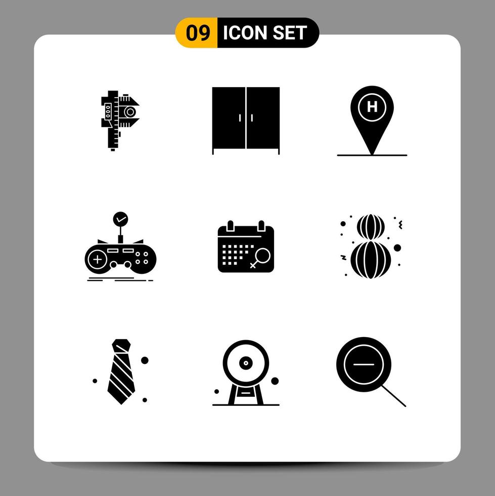 pacote de linha vetorial editável de 9 glifos sólidos simples de calendário gamepad jogo de praia verifique elementos de design vetorial editável vetor