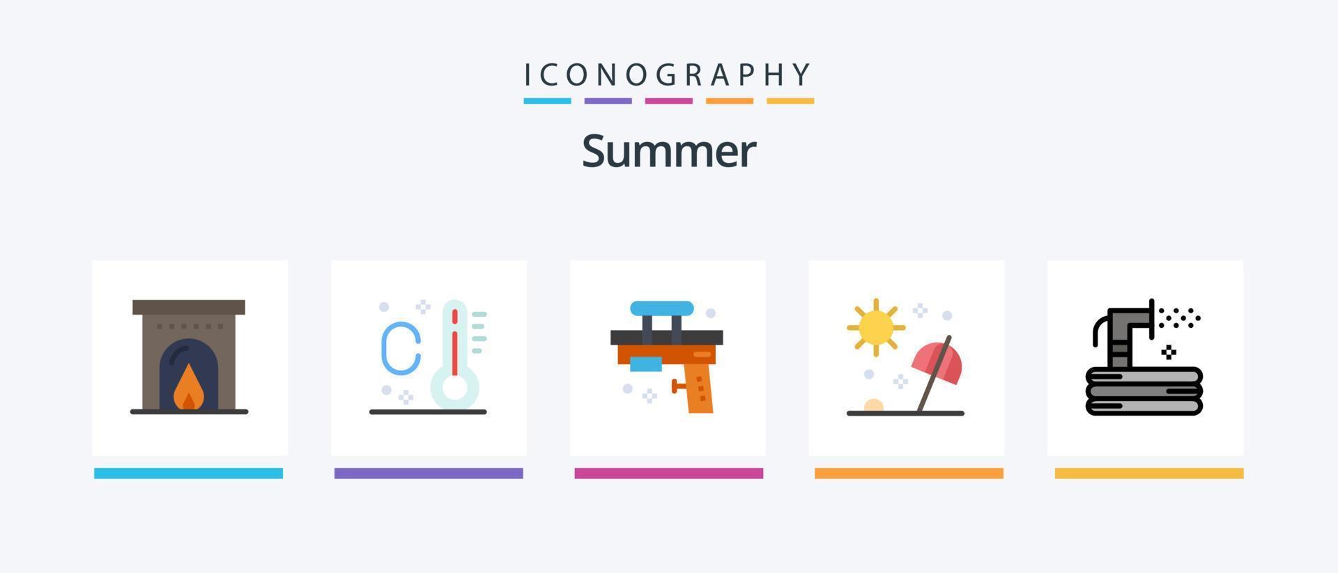 pacote de ícones de verão plana 5, incluindo mangueira. rubor. brinquedo. viagem. mar. design de ícones criativos vetor