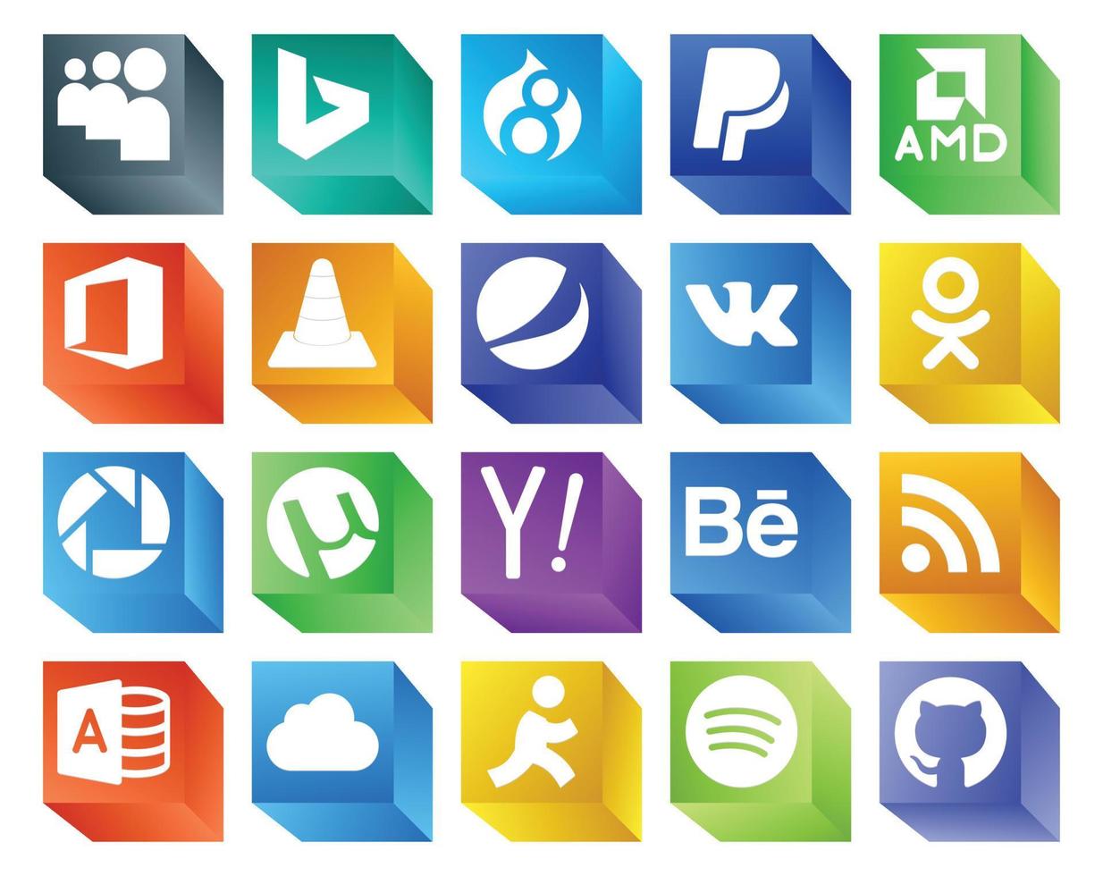20 pacotes de ícones de mídia social, incluindo rss search player yahoo picasa vetor