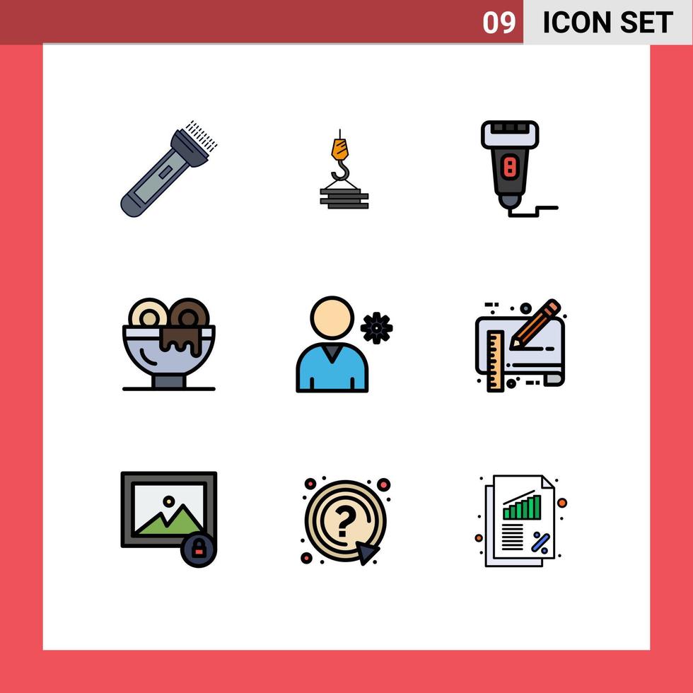pacote de 9 sinais e símbolos modernos de cores planas de linha preenchida para mídia impressa na web, como bebida, café da manhã, porto, scanner, pagamento, elementos de design vetorial editáveis vetor