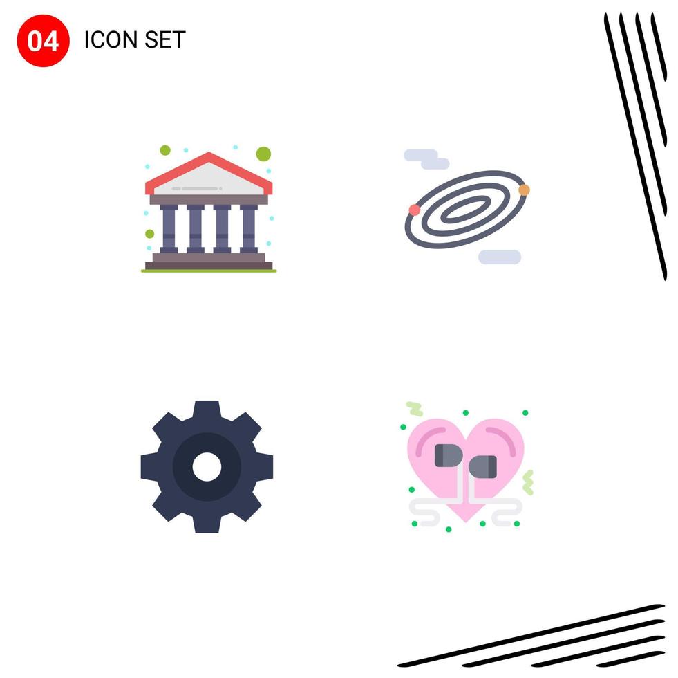 conjunto de pictogramas de 4 ícones planos simples de desenho de banco, construção de espaço, coração, elementos de design de vetores editáveis