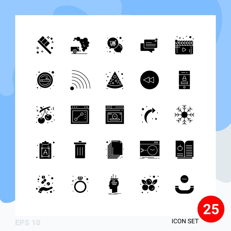 conjunto de glifos sólidos de interface móvel de 25 pictogramas de notificação de loja de filmes chat online elementos de design de vetores editáveis