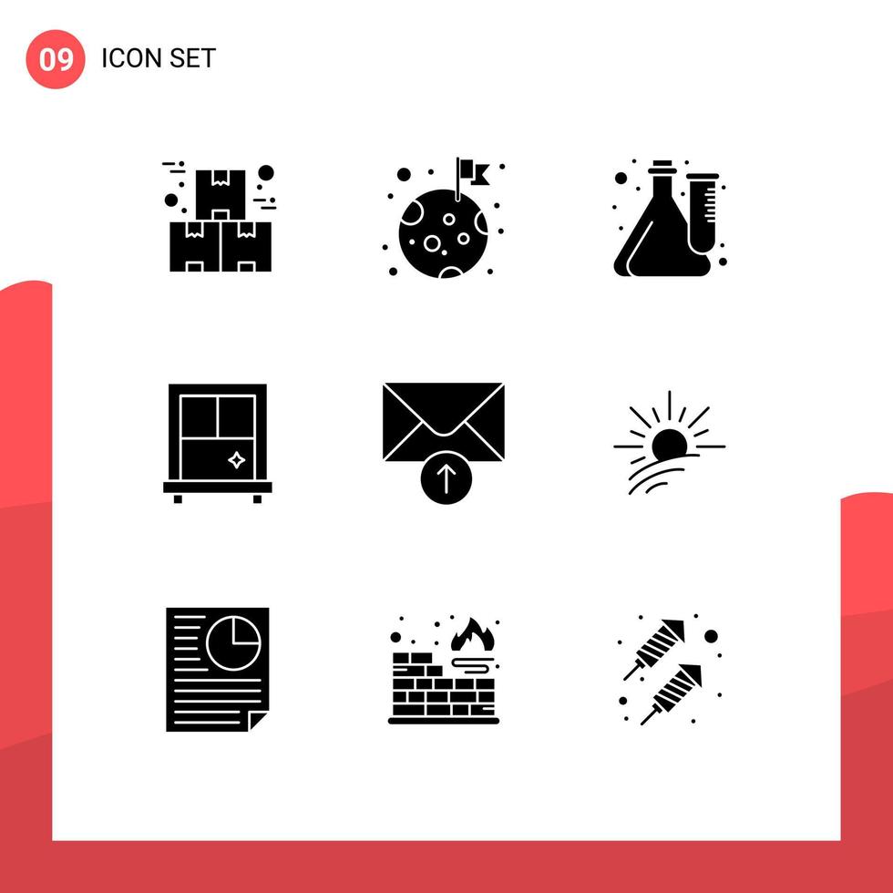 conjunto moderno de pictograma de 9 glifos sólidos de elementos de design de vetores editáveis do laboratório de janela do planeta de correio