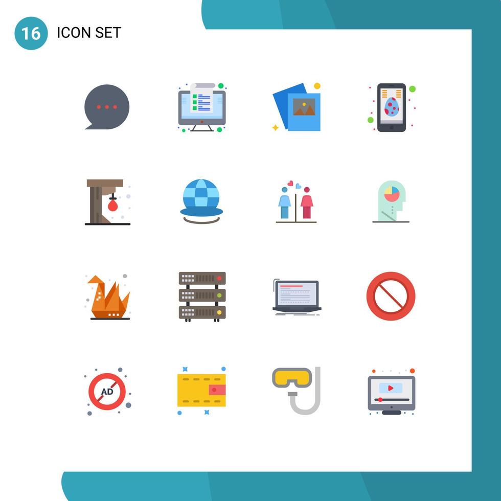 Pacote de cores planas de 16 interfaces de usuário de sinais e símbolos modernos do jogo, galeria de bolas de soco, pacote editável de páscoa móvel de elementos de design de vetores criativos