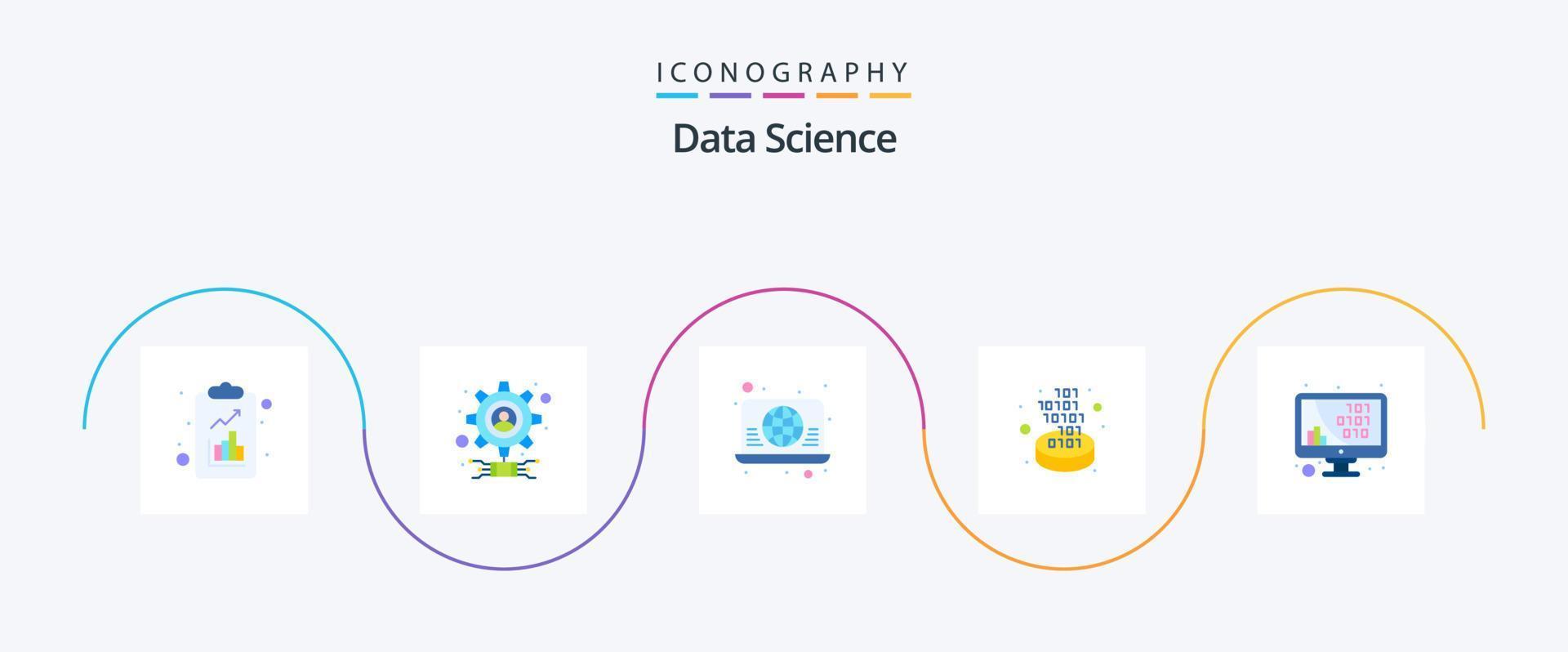 data science flat 5 icon pack incluindo código. filtro. conectar. conversão. rede vetor