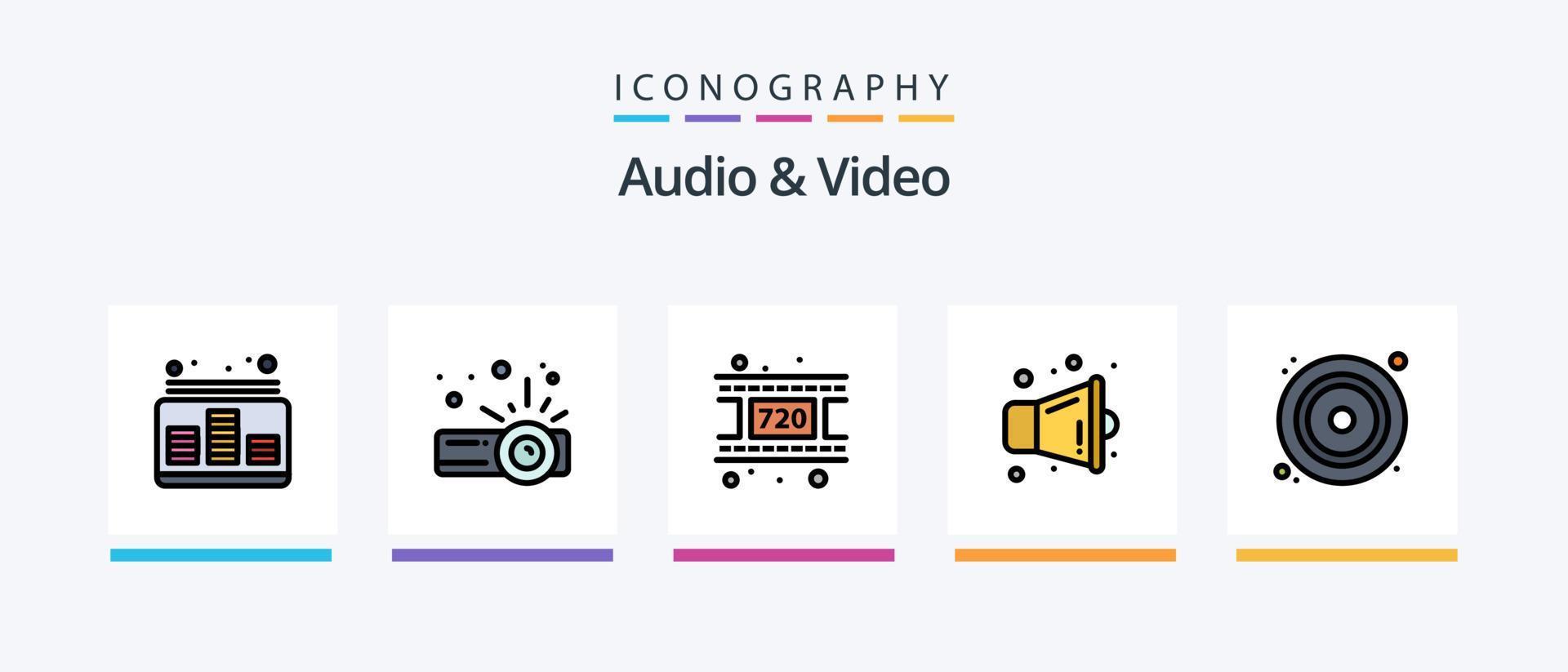 linha de áudio e vídeo cheia de 5 ícones, incluindo reprodução. equalizador. nível. áudio. multimídia. design de ícones criativos vetor