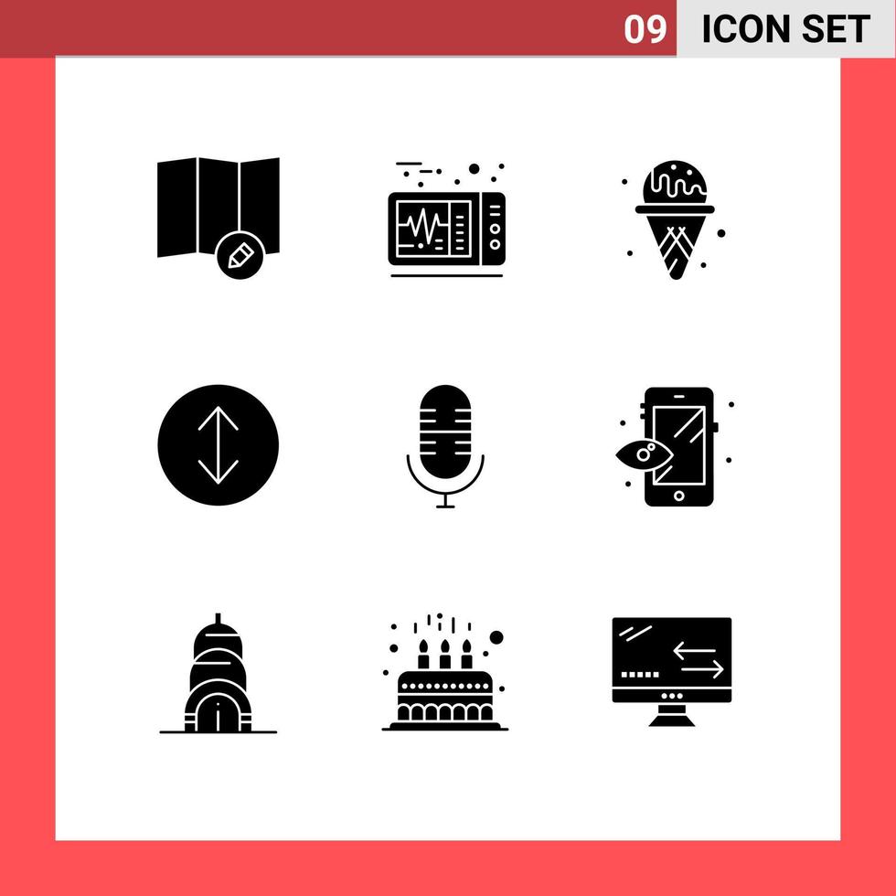pacote de 9 sinais e símbolos de glifos sólidos modernos para mídia impressa na web, como construção de setas de visualização, processo de microfone, elementos de design de vetores editáveis