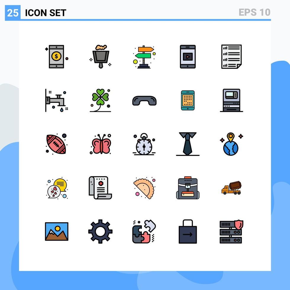 grupo de símbolos de ícone universal de 25 cores planas de linha preenchida moderna de torneira quatro direções de barras de documento de sucesso elementos de design vetorial editáveis vetor