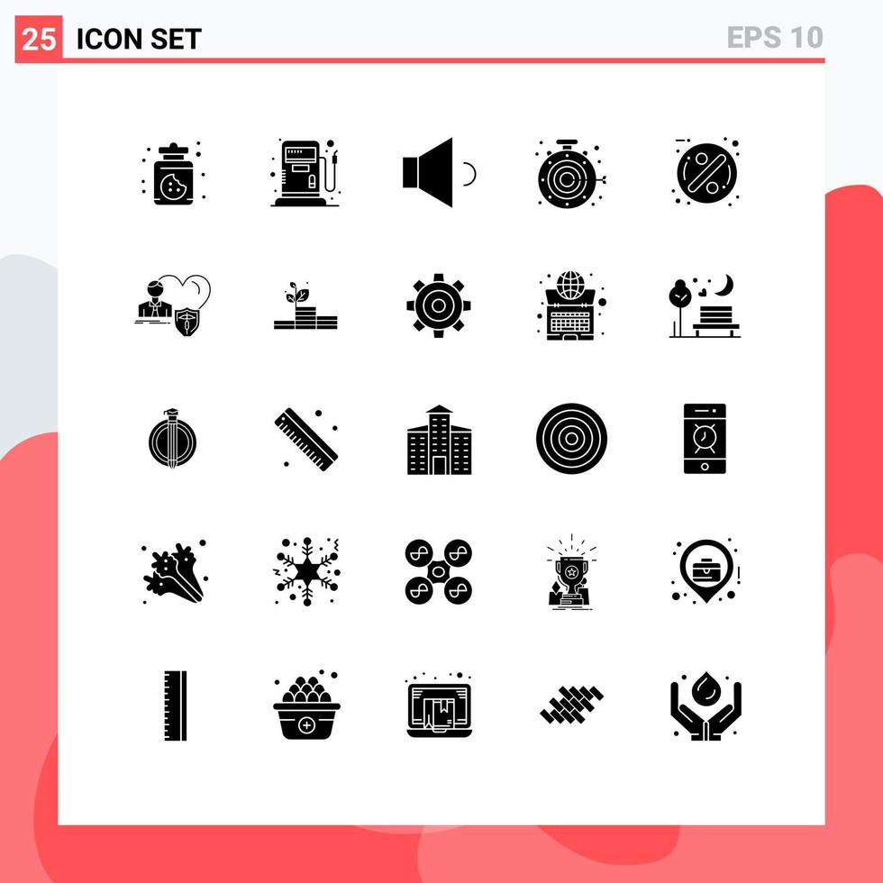 conjunto de glifos sólidos de interface móvel de 25 pictogramas de elementos de design de vetores editáveis de meta de distintivo de volume de desconto de seguro