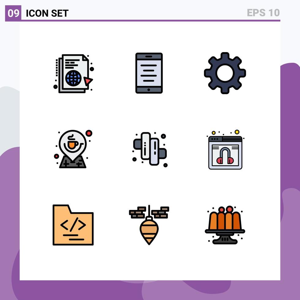 conjunto de pictogramas de 9 cores planas de linha preenchida simples de localização de acampamento direção básica elementos de design de vetores editáveis de café