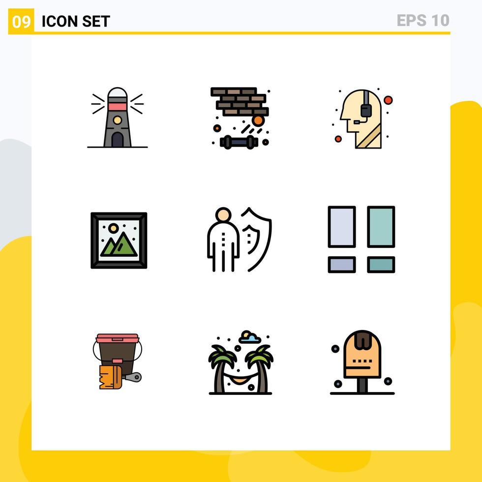 conjunto de cores planas de linha preenchida de interface móvel de 9 pictogramas de assistência de imagem de trabalho elementos de design de vetores editáveis de imagem viva