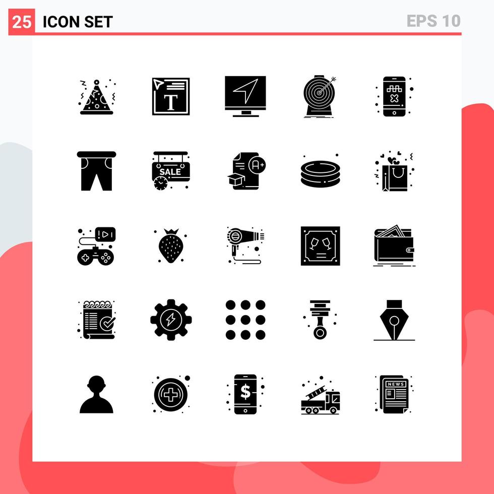 grupo de símbolos de ícone universal de 25 glifos sólidos modernos de meta de objetivo de computador de táxi elementos de design de vetores editáveis