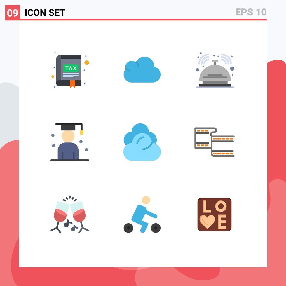 conjunto de cores planas de interface móvel de 9 pictogramas de elementos de design de vetores editáveis de serviço de pós-graduação de sino de formatura de estudante