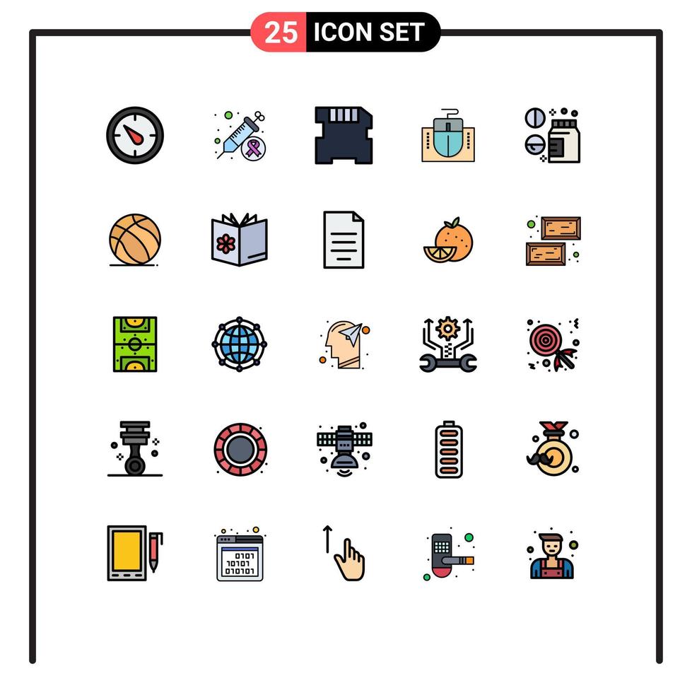 pacote de interface do usuário de 25 cores planas de linha preenchida básica de elementos de design de vetores editáveis de hardware de memória de saúde de bem-estar