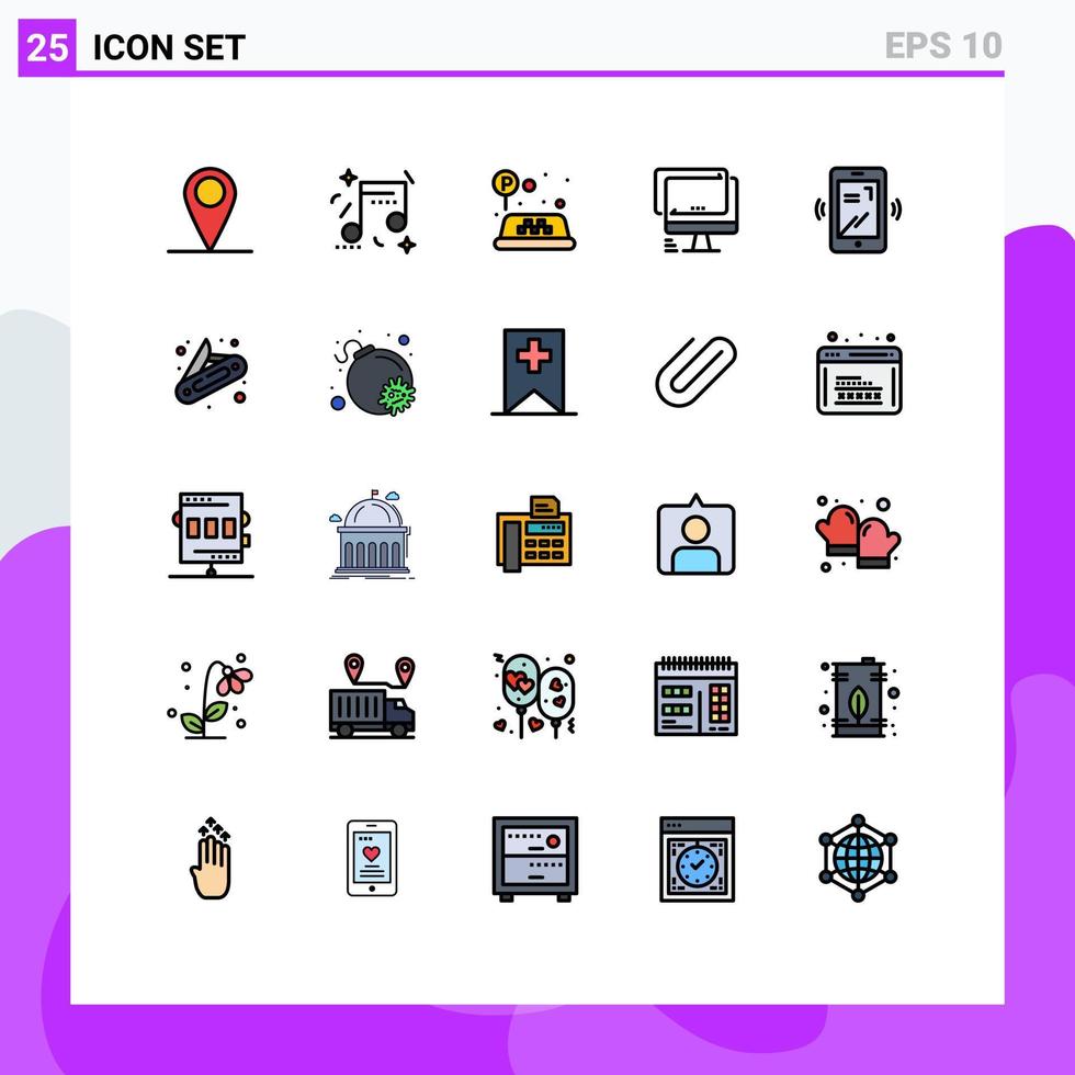 grupo de 25 sinais e símbolos de cores planas de linha preenchida para vibrar sinal de pc monitor imac elementos de design de vetores editáveis
