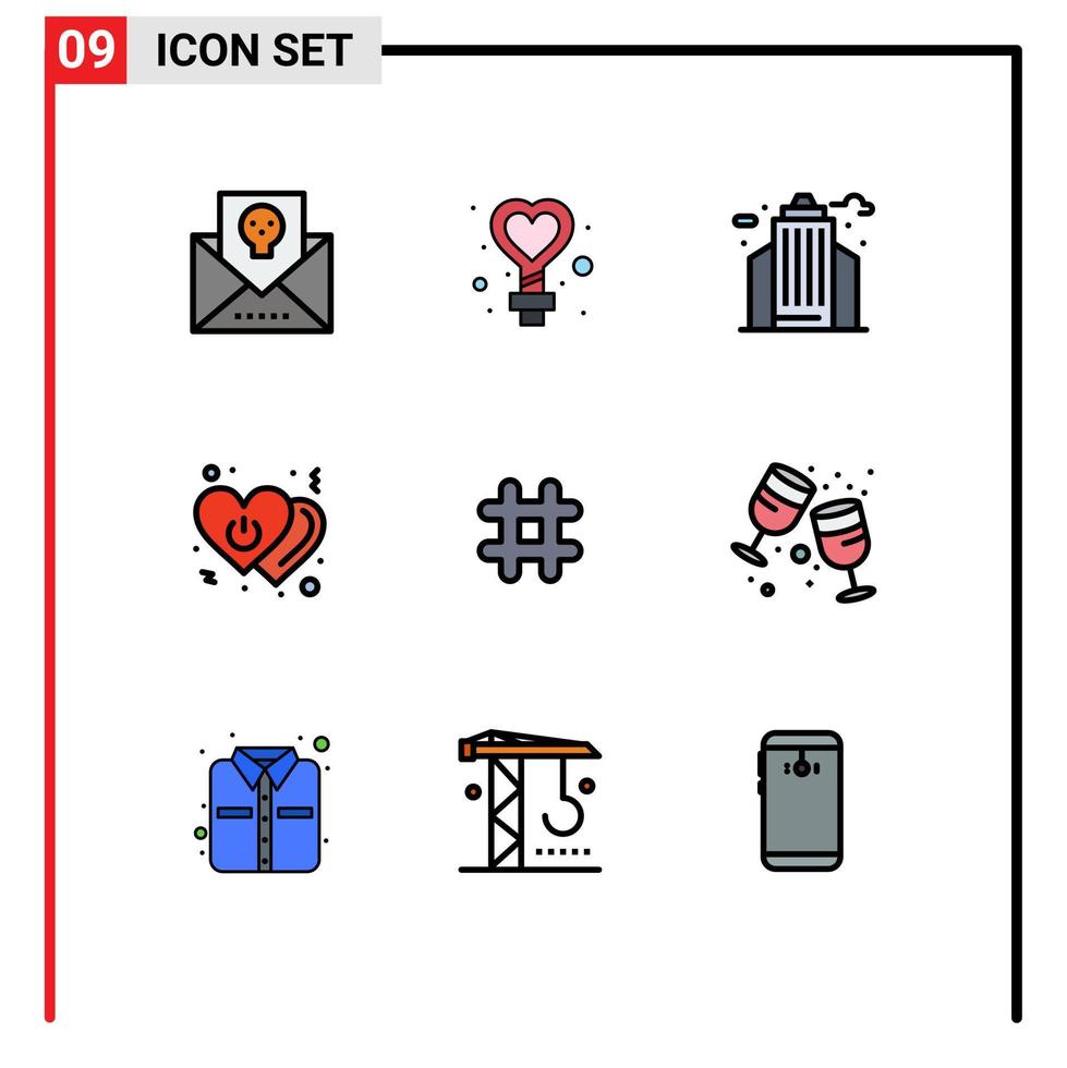 9 interface do usuário pacote de cores planas de linha cheia de sinais e símbolos modernos de desligar elementos de design de vetores editáveis de escritório de amor de casamento