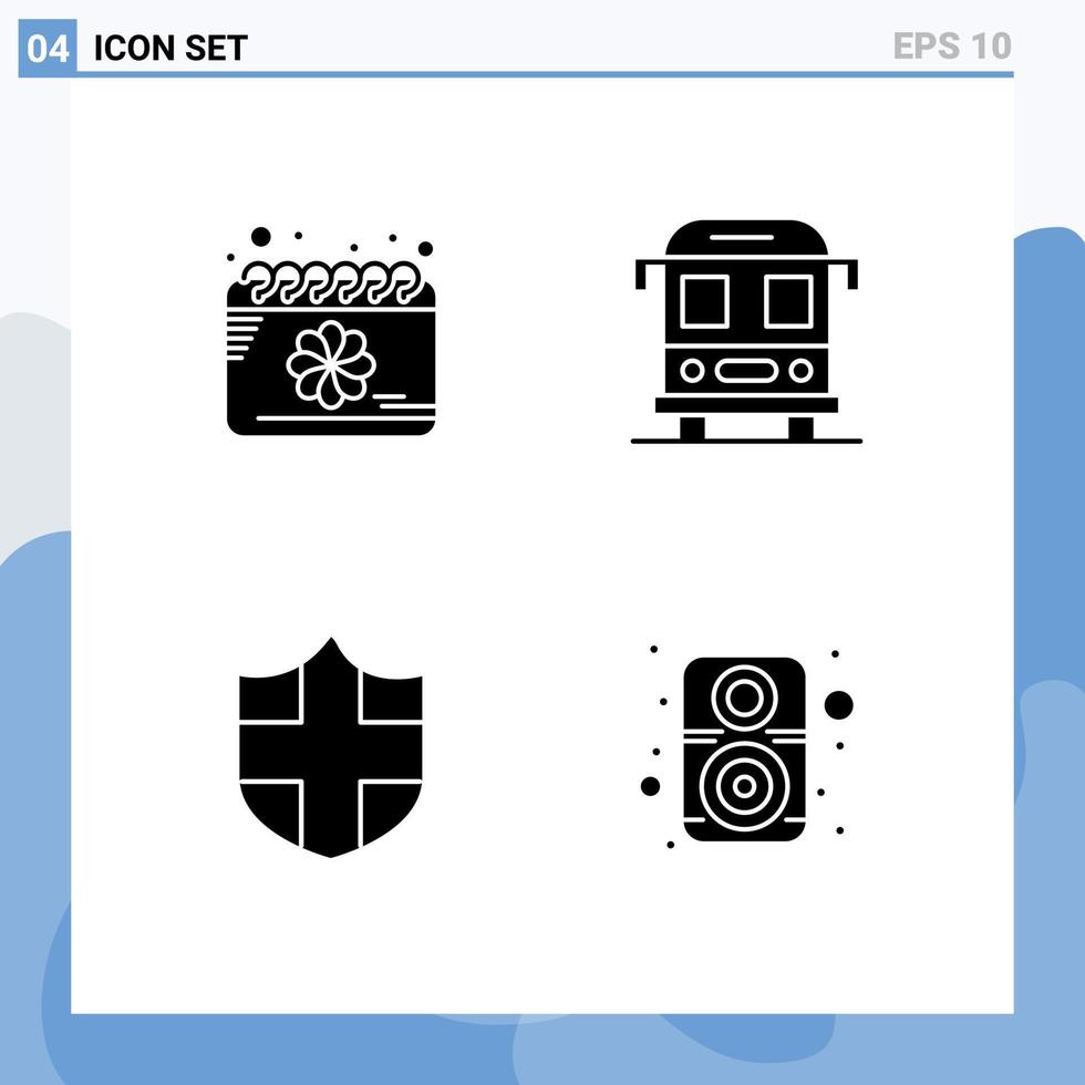 Pacote de glifos sólidos de 4 interfaces de usuário de sinais e símbolos modernos de elementos de design de vetores editáveis de hardware de transporte de mola de escudo de calendário