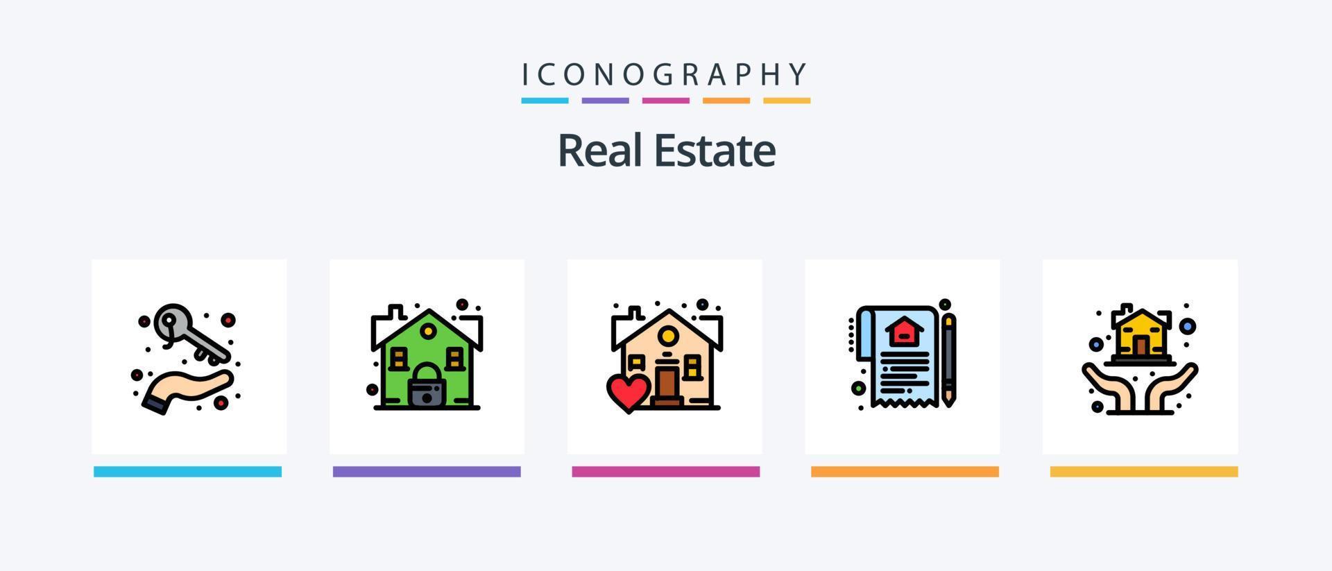 a linha imobiliária preencheu o pacote de 5 ícones, incluindo o projeto. real. crescente. Estado. fortuna. design de ícones criativos vetor