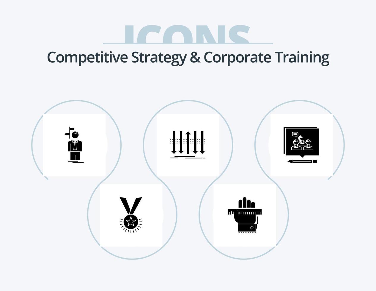 estratégia competitiva e design de ícone de glifo de treinamento corporativo pack 5 ícone. o negócio. direção. aprender. decisão. escolha vetor