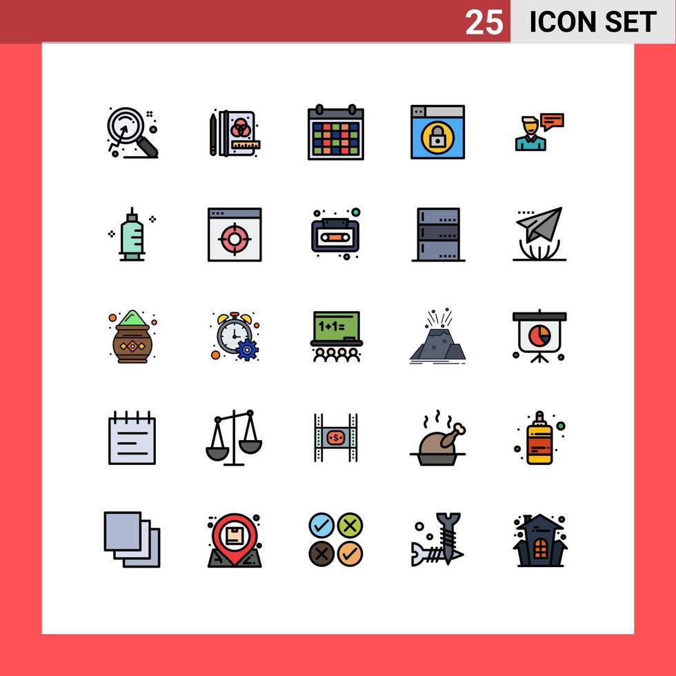 pacote de 25 sinais e símbolos modernos de cores planas de linha preenchida para mídia impressa na web, como bloqueio de calendário de bate-papo pop-up, elementos de design de vetores editáveis na web