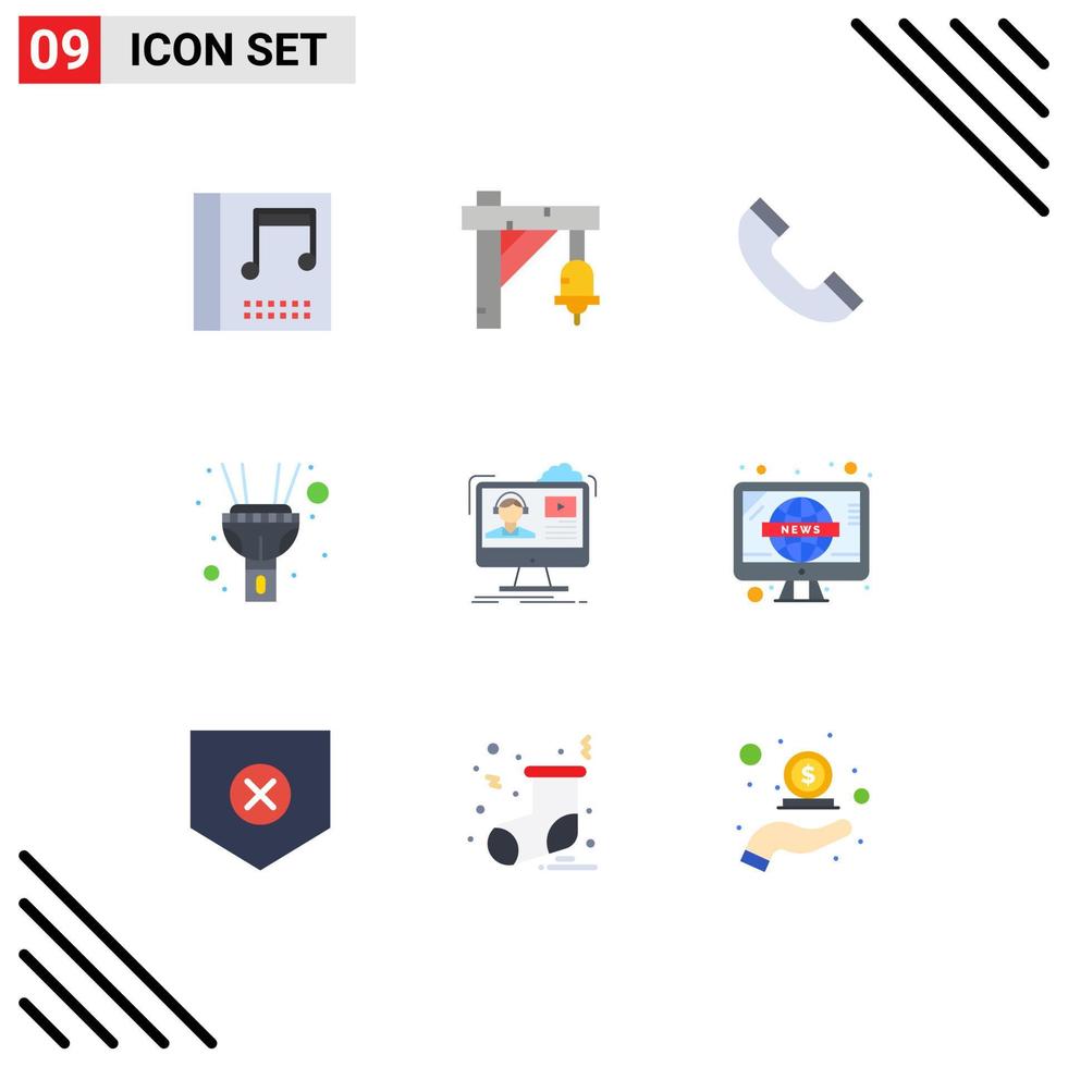 9 pacote de cores planas de interface de usuário de sinais e símbolos modernos de elementos de design de vetores editáveis de tocha de vídeo de telefone de mídia educacional