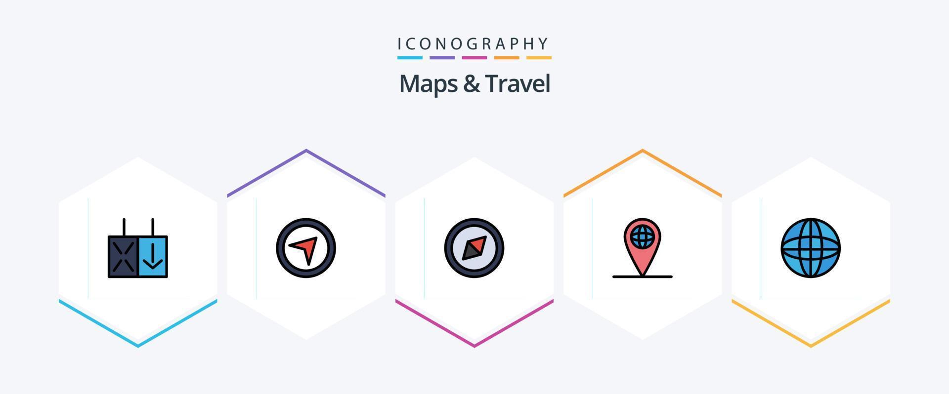 mapas e pacote de ícones de 25 linhas preenchidas de viagens, incluindo . globo. mundo vetor