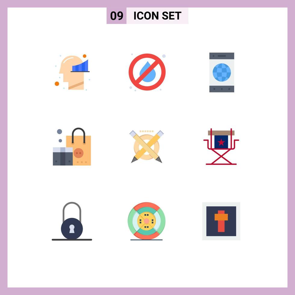 conjunto de cores planas de interface móvel de 9 pictogramas de elementos de design de vetores editáveis de marketing de célula de lápis de caneta