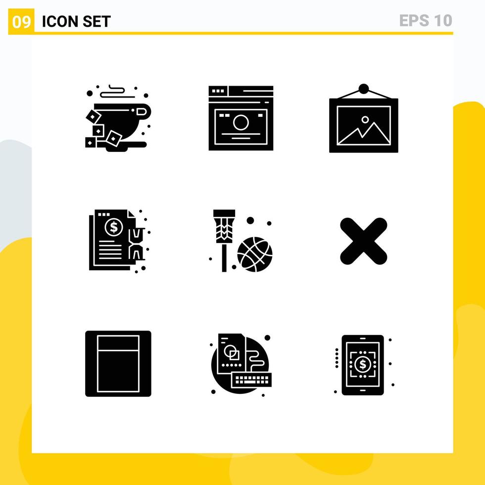 pacote de glifos sólidos de 9 símbolos universais de elementos de design de vetores editáveis de contrato de fatura da Web de notificação de cesta