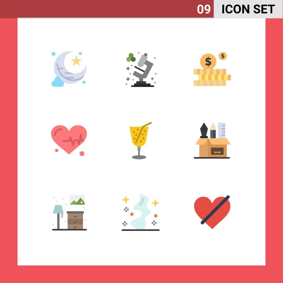 pacote de interface do usuário de 9 cores planas básicas de porta-lápis suco de dinheiro praia elementos de design de vetores editáveis
