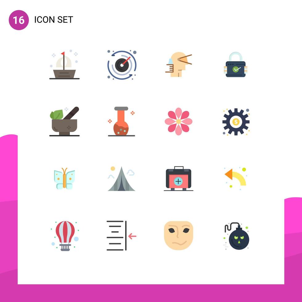 Pacote de cores planas de 16 interfaces de usuário de sinais e símbolos modernos de provedor de cadeado de negócios de segurança à base de ervas, pacote editável de elementos de design de vetores criativos