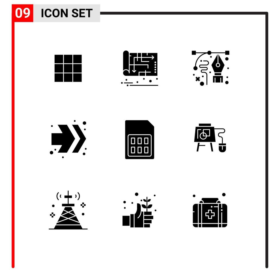 conjunto de 9 sinais de símbolos de ícones de interface do usuário modernos para cartão plano de avanço rápido setas caneta elementos de design de vetores editáveis