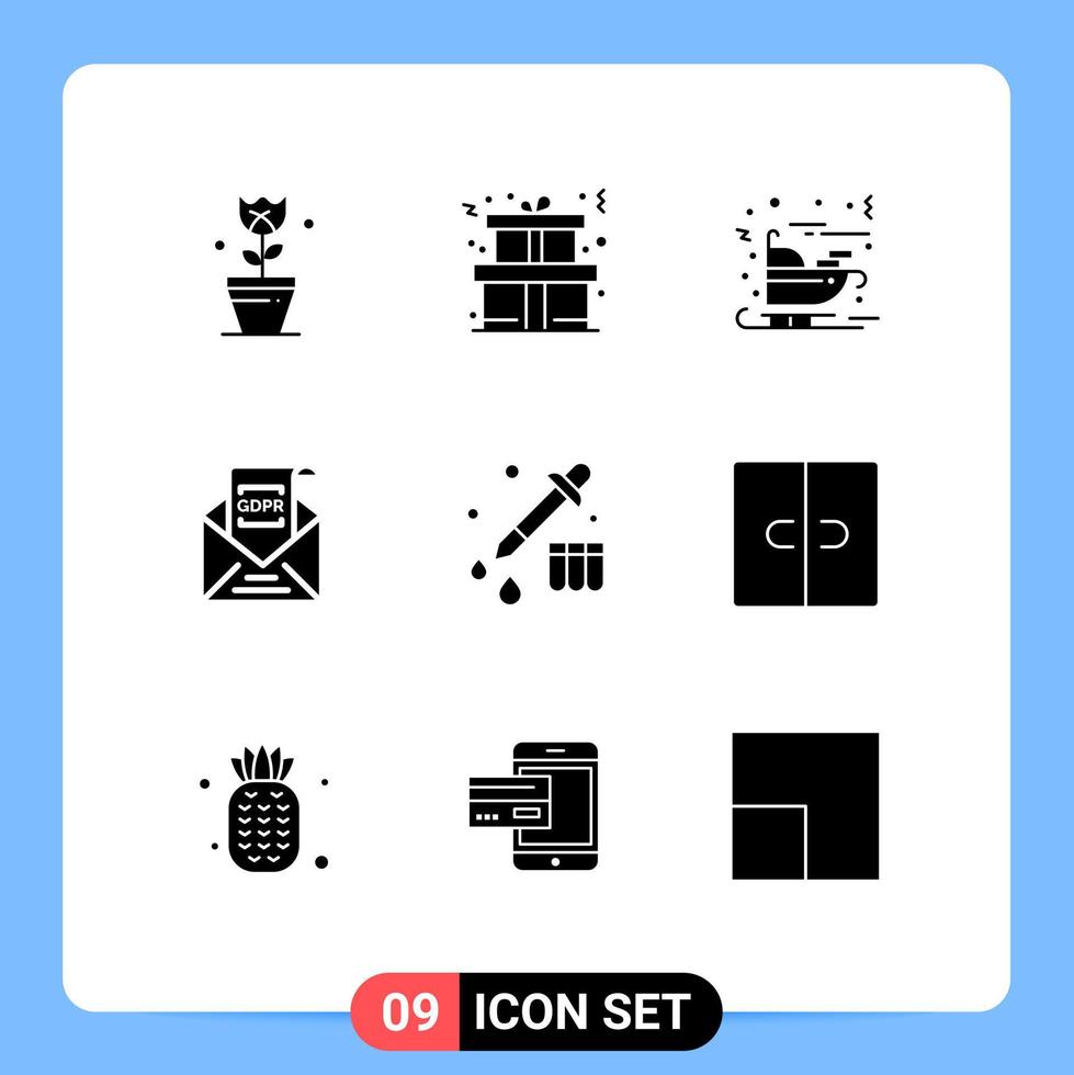 grupo de 9 glifos sólidos modernos definidos para elementos de design de vetores editáveis de e-mail de natal gdpr do dispositivo