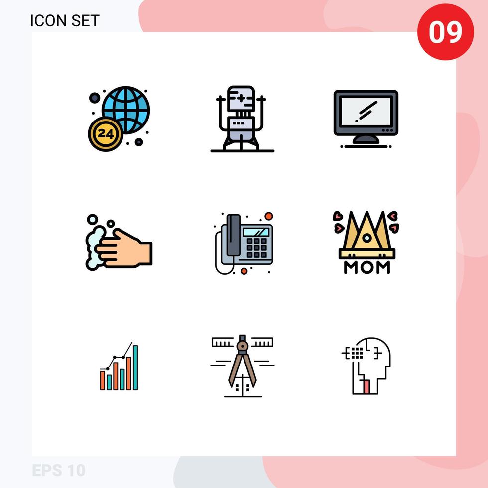 pacote de 9 sinais e símbolos modernos de cores planas de linha preenchida para mídia impressa na web, como sabão de chamada, computador, mão, pc, elementos de design vetorial editáveis vetor