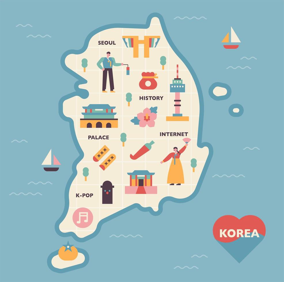 mapa e ícones da Coreia do Sul. vetor