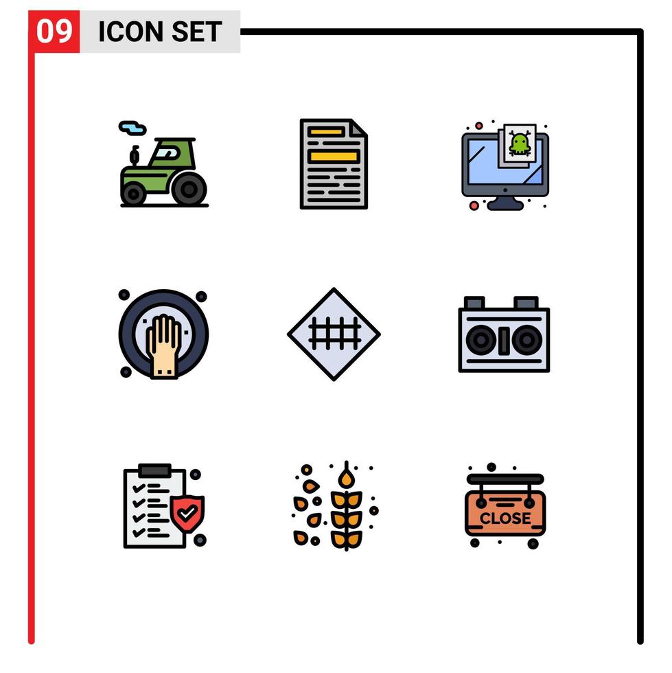 conjunto moderno de 9 cores e símbolos planos de linha preenchida, como monitor de cerca de estrada, spa, mão, imersão, elementos de design vetorial editáveis vetor