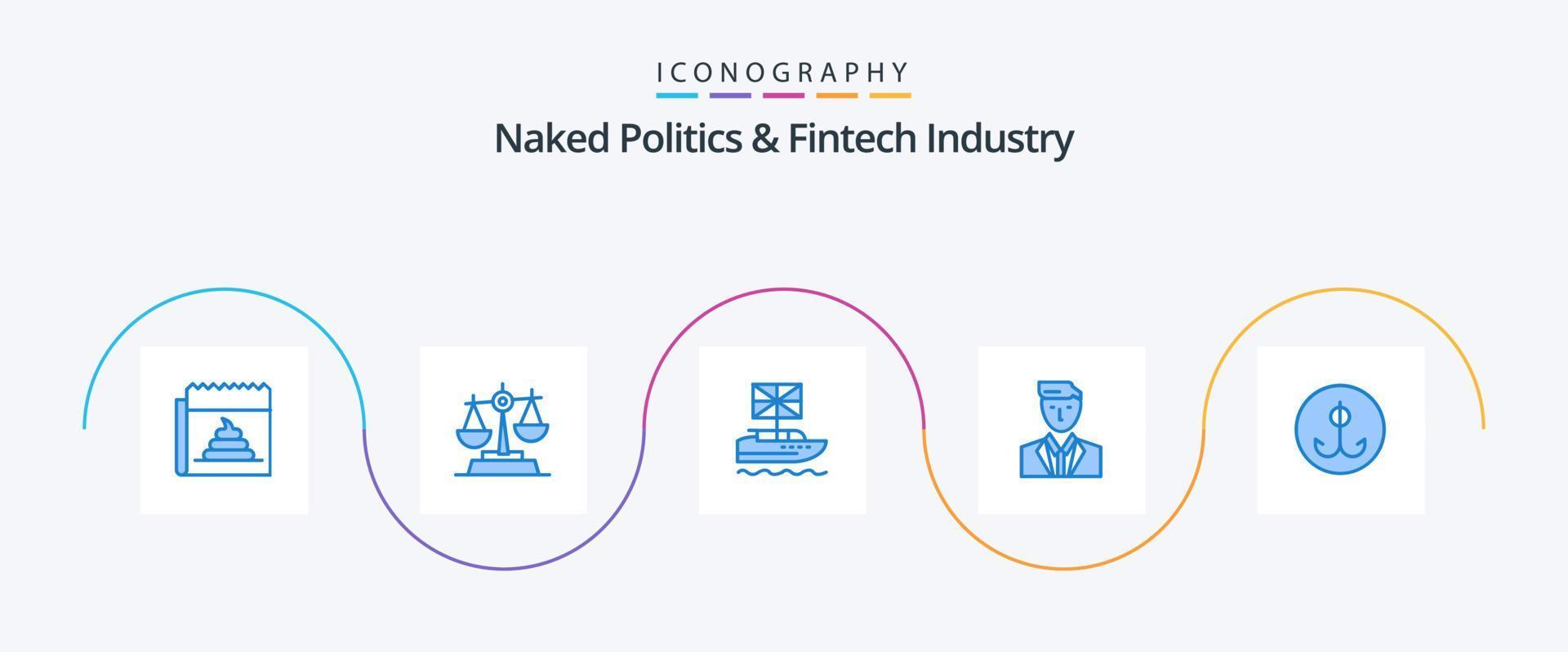 política nua e pacote de ícones azuis da indústria fintech 5, incluindo líder. CEO. equilíbrio. chefe. reino vetor