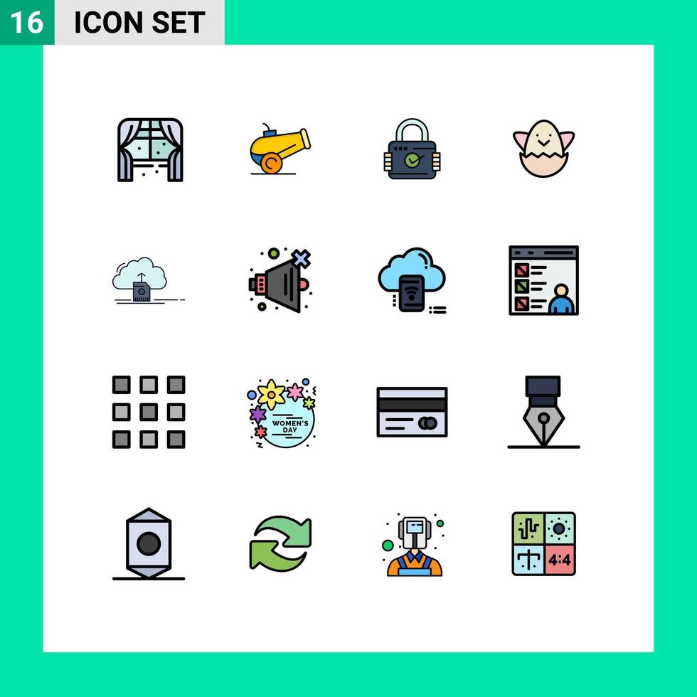 16 linhas preenchidas de cores planas universais definidas para computação de aplicativos móveis e da web, salvar segurança, upload, primavera, elementos de design de vetores criativos editáveis