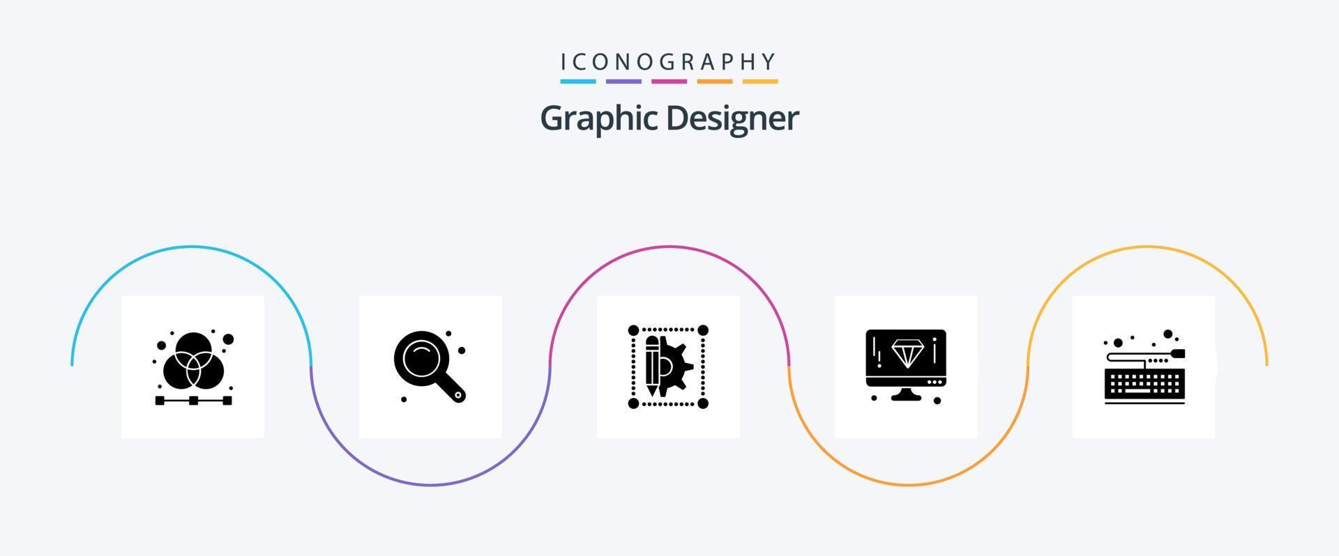 designer gráfico glifo 5 pacote de ícones incluindo placa. computador. ferramenta de zoom. diamante. caneta vetor