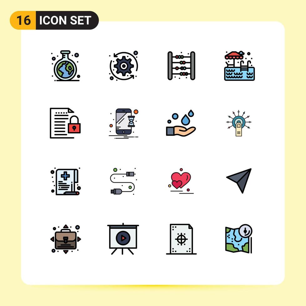 pacote de 16 sinais e símbolos modernos de linhas cheias de cores planas para mídia impressa na web, como documentos, natação, baby park, matemática, elementos de design de vetores criativos editáveis