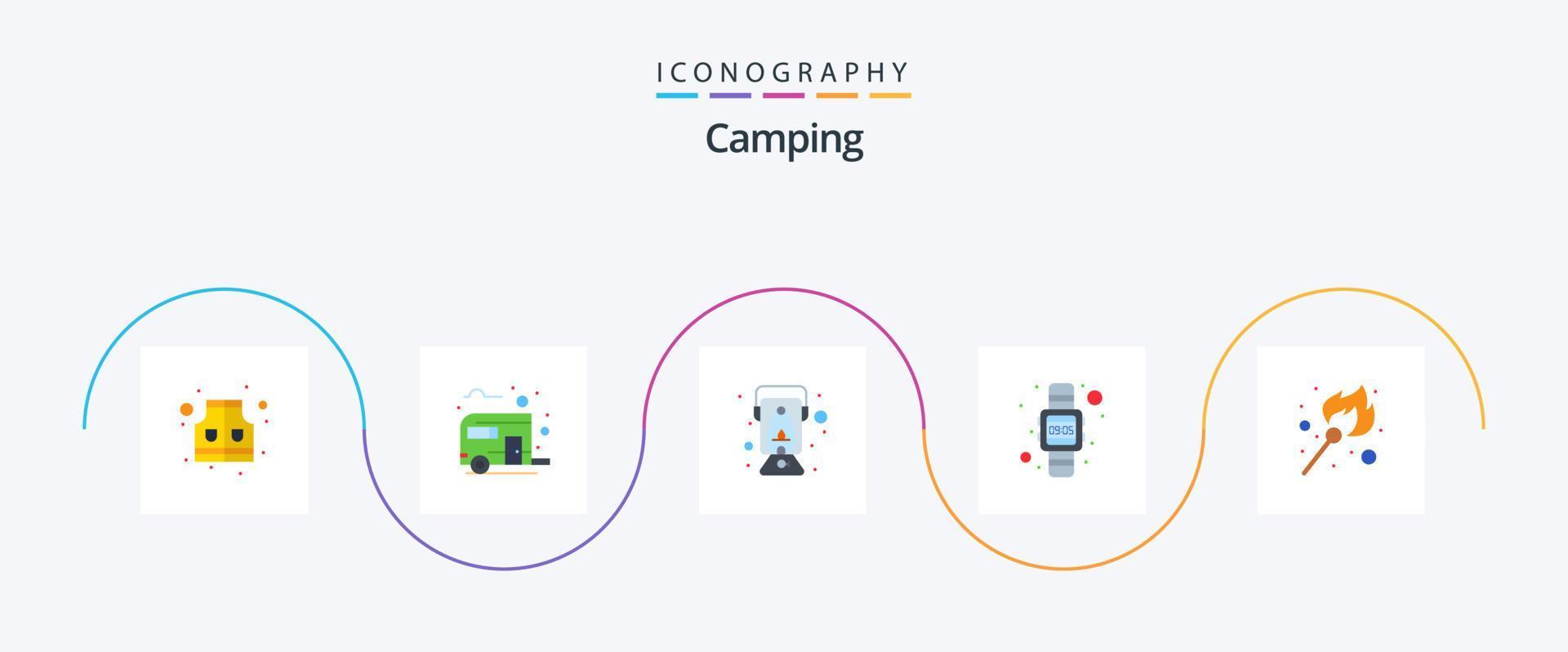 pacote de ícones de 5 planos de acampamento, incluindo chama. relógio de pulso. luminária. ver. digital vetor