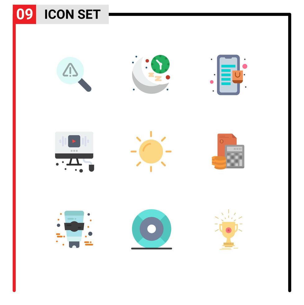 pacote de 9 sinais e símbolos modernos de cores planas para mídia impressa na web, como tempo on-line da internet, loja on-line do youtube, elementos de design vetorial editáveis vetor