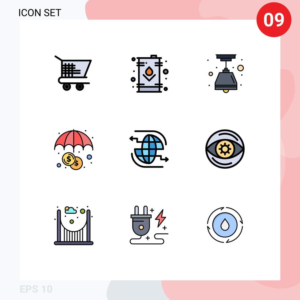 Conceito de cor plana de 9 linhas preenchidas para sites móveis e aplicativos, globo de comunicação, conexão elétrica, seguros, elementos de design de vetores editáveis