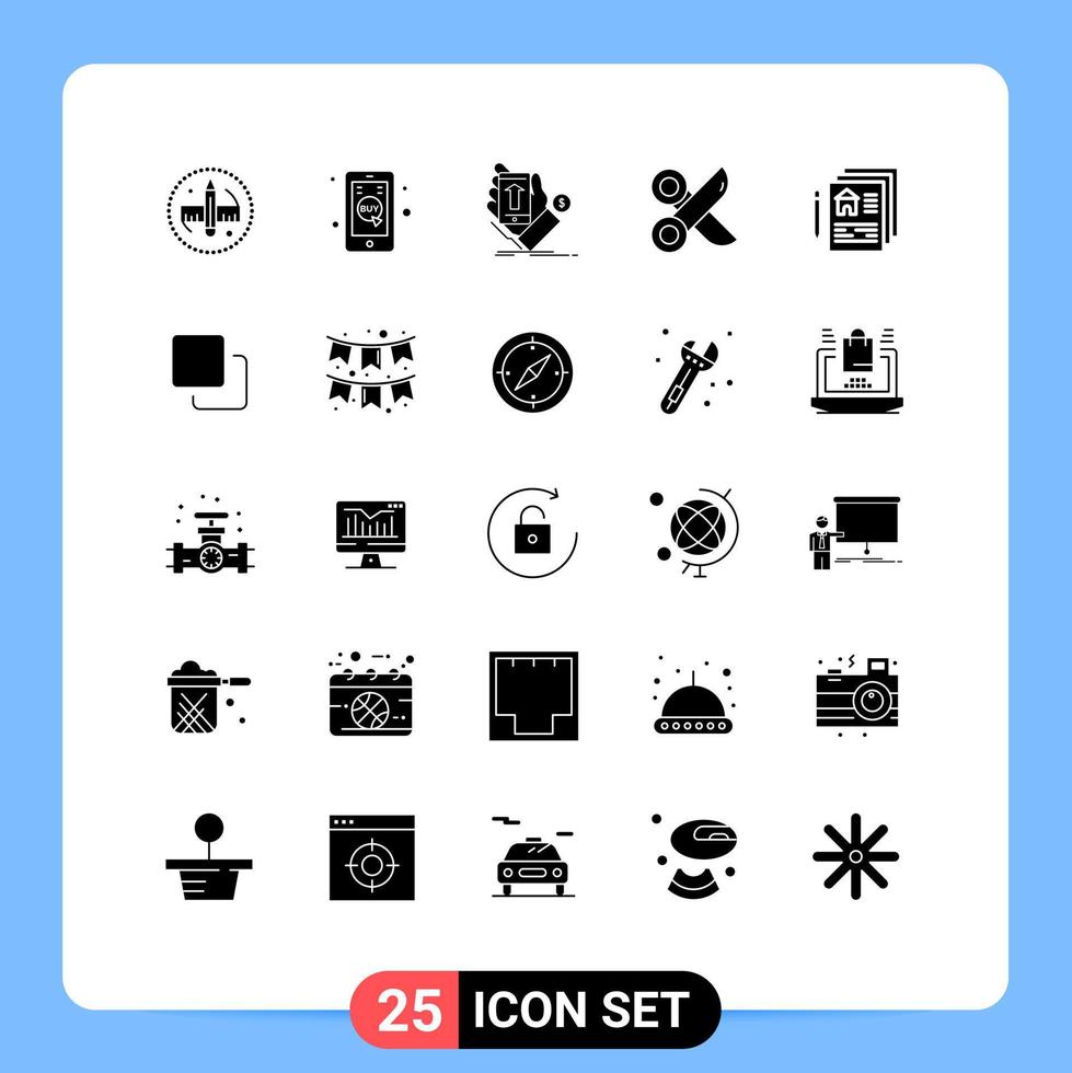 grupo de 25 sinais e símbolos de glifos sólidos para elementos de design de vetores editáveis de moeda de corte de papel de fatia