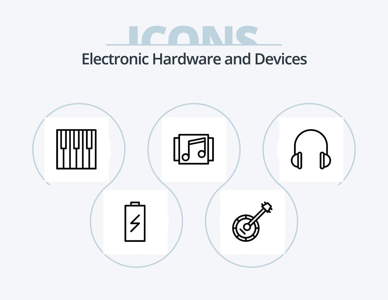 design de ícone do pacote de 5 ícones de linha de dispositivos. música. fones de ouvido. instrumento. áudio. telefone vetor