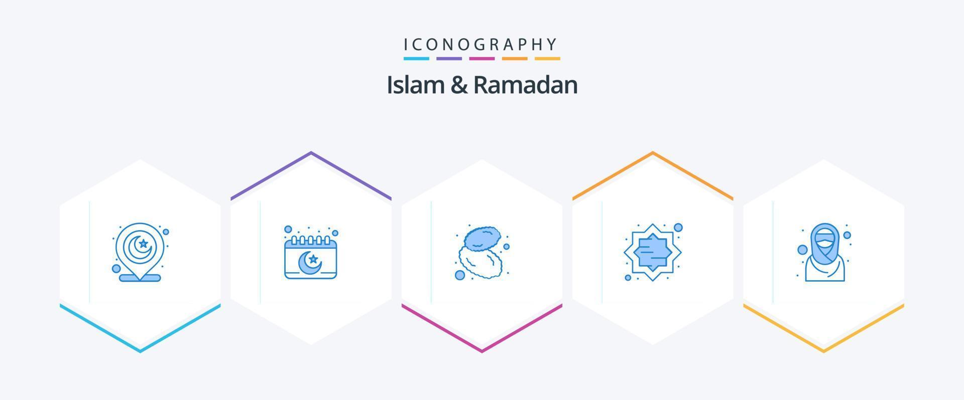 Pacote de ícones azuis do Islã e do Ramadã 25, incluindo garota. muçulmano. Comida. islamismo. arte vetor