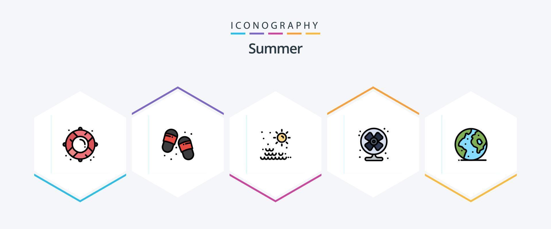 verão 25 pacote de ícones de linha preenchida, incluindo globo. verão. mar. ventilador. ar vetor