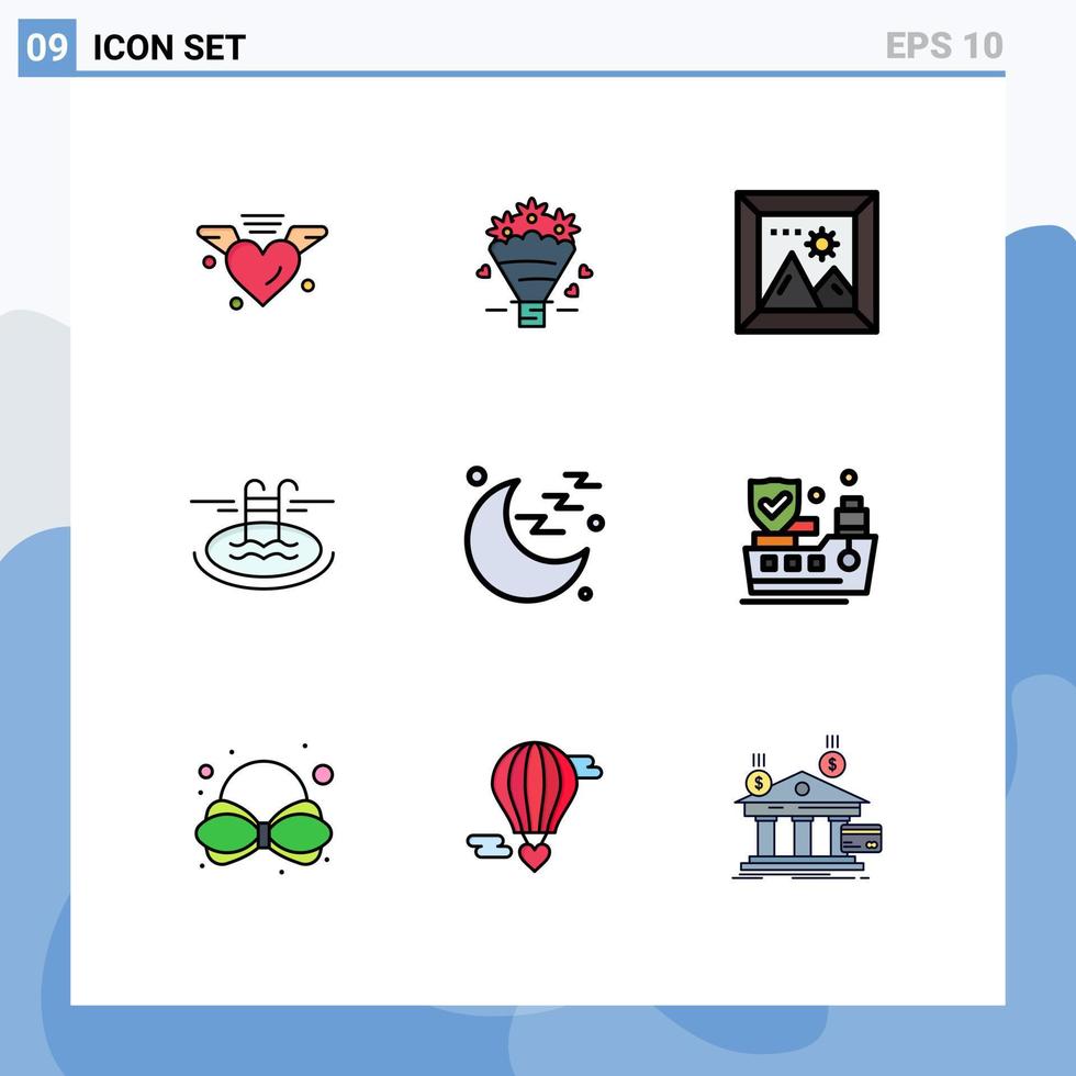 conjunto de 9 sinais de símbolos de ícones de interface do usuário modernos para a lua serve galeria hotel natação elementos de design de vetores editáveis