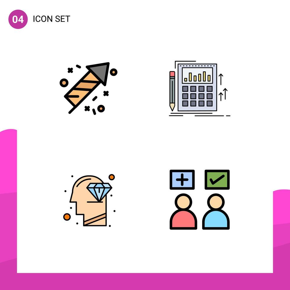 4 símbolos universais de sinais de cores planas de linha preenchida de fogo, cabeça de trabalho, cálculo, perfeição, elementos de design de vetores editáveis